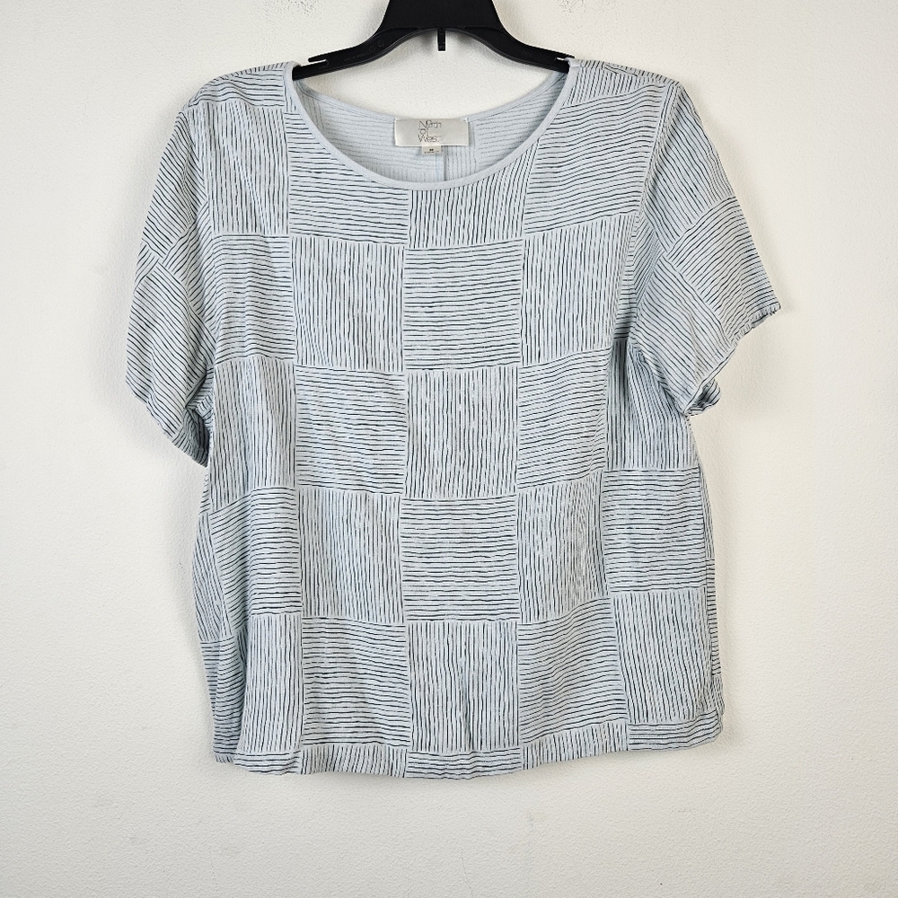 Soft Blue Striped Patchwork Short Sleeve Blouse